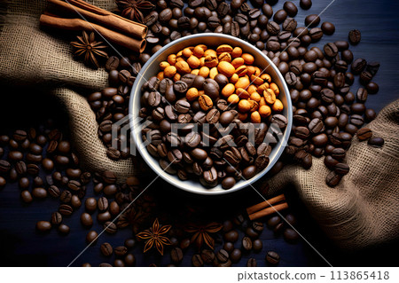 Different types of coffee beans for comparison. top view 113865418