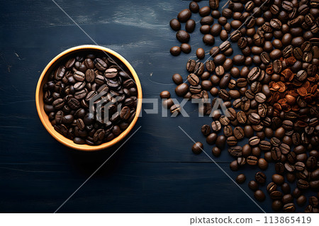 Different types of coffee beans for comparison. top view 113865419