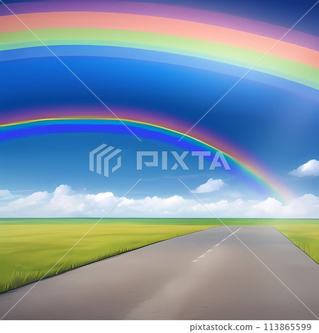 兩條美麗的彩虹掛在藍天和白雲上的插圖。 113865599