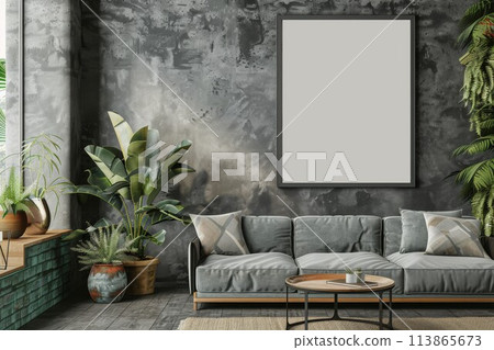 Contemporary living room with lush indoor plants 113865673