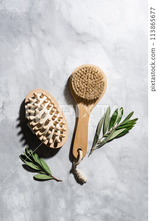 Spa brushes and eucalyptus leaves 113865677