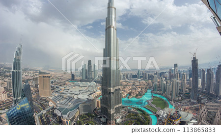 Panoramic skyline view of Dubai downtown with mall, fountains and Burj Khalifa aerial timelapse Panoramic skyline view of Dubai downtown with mall, fountains and Burj Khalifa aerial timelapse 113865833