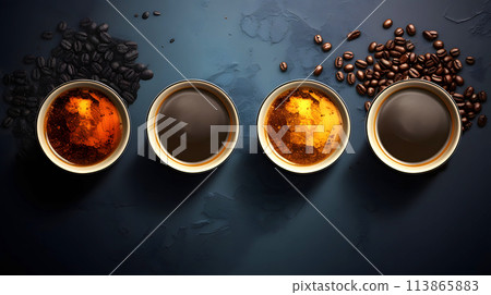 cups with aromatic coffee from beans of different varieties and manufacturers. top view. cups with aromatic coffee from beans of different varieties and manufacturers. top view. 113865883