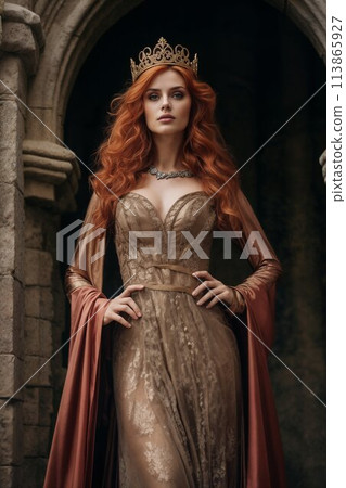 Majestic queen with crown in castle corridor 113865927