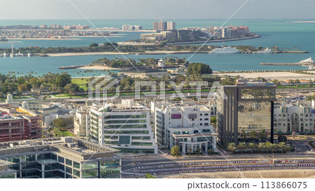 Palm Jumeirah and internet city aerial timelapse. Dubai, United Arab Emirates 113866075