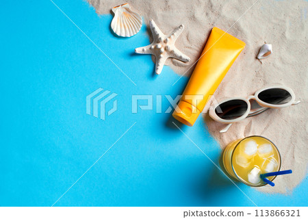 Summer composition with sunblock, starfish and sunglasses Summer composition with sunblock, starfish and sunglasses 113866321