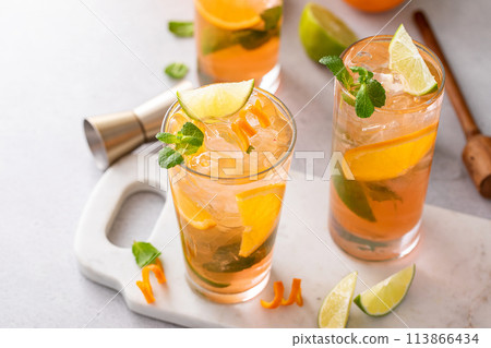 Cold refreshing mojito with orange and lime and mint in tall glasses Cold refreshing mojito with orange and lime and mint in tall glasses 113866434