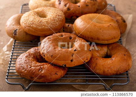Variety of bagels freshly baked for breakfast Variety of bagels freshly baked for breakfast 113866570
