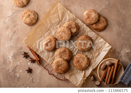 Homemade snickerdoodle cookies on parchment paper 113866575