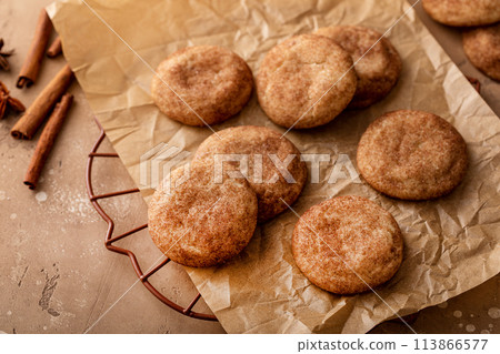 Homemade snickerdoodle cookies on parchment paper Homemade snickerdoodle cookies on parchment paper 113866577