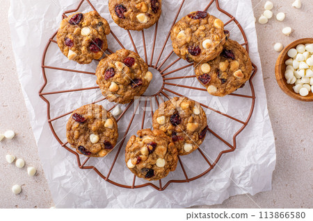 Cranberry and white chocolate cookies on a cooling rack 113866580