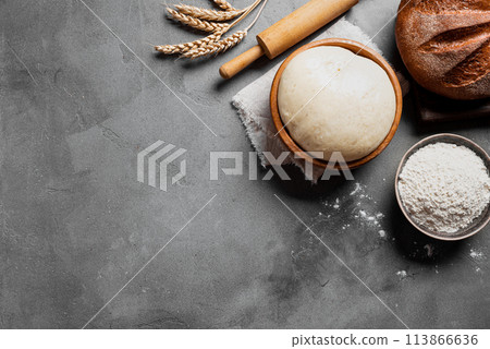 Baking and kneading background with ball of dough Baking and kneading background with ball of dough 113866636