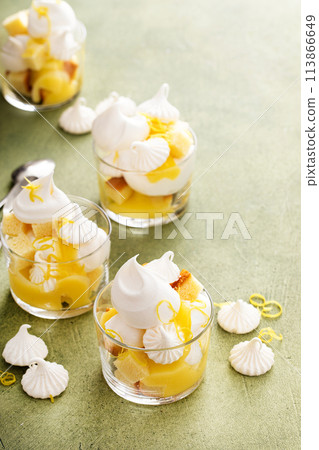 Lemon meringue parfait or trifle with pound cake and lemon curd Lemon meringue parfait or trifle with pound cake and lemon curd 113866649