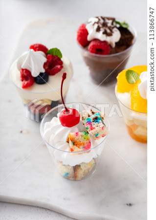 Variety of dessert in cups, individual desserts in cups 113866747