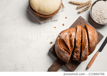 Fresh Sliced Bread and ingredients. Bread making. Fresh Sliced Bread and ingredients. Bread making. 113866798