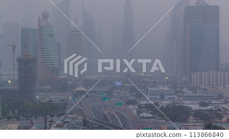 Dubai cityscape during sand storm day to night timelapse Dubai cityscape during sand storm day to night timelapse 113866840