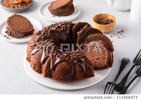 Chocolate bundt cake with chocolate ganache icing Chocolate bundt cake with chocolate ganache icing 113866873