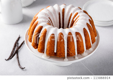 Vanilla bundt cake with powder sugar glaze on a cake stand Vanilla bundt cake with powder sugar glaze on a cake stand 113866914
