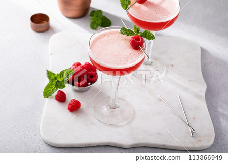 Raspberry martini in coupe glasses, elegant drink idea Raspberry martini in coupe glasses, elegant drink idea 113866949