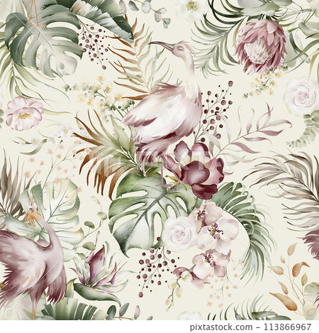 Floral tropical watercolor pattern. Seamless exotic print of Australian flower. Orchid, eucalyptus, protea and rose. Pink flowers and green leaf. Hawaiian design and jungle texture. 113866967