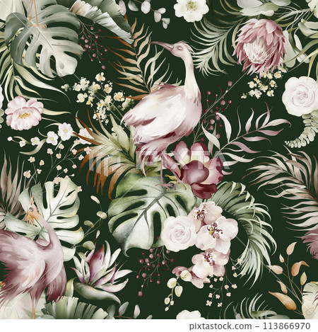 Floral tropical watercolor pattern. Seamless exotic print of Australian flower. Orchid, eucalyptus, protea and rose. Pink flowers and green leaf. Hawaiian design and jungle texture. 113866970