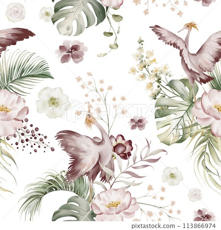 Floral tropical watercolor pattern. Seamless exotic print of Australian flower. Orchid, eucalyptus, protea and rose. Pink flowers and green leaf. Hawaiian design and jungle texture. 113866974