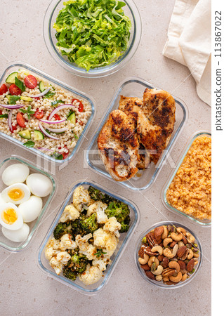 Healthy meal prep with cooked chicken breast, boiled eggs, roasted vegetables, cooked lentils, couscous salad and nuts Healthy meal prep with cooked chicken breast, boiled eggs, roasted vegetables, cooked lentils, couscous salad and nuts 113867022