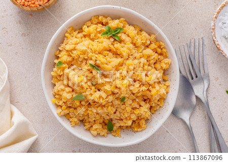 Cooked red lentils in a bowl, healthy vegan protein source Cooked red lentils in a bowl, healthy vegan protein source 113867096