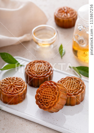 Traditional mooncakes for a Chinese Mid-Autumn Festival or Moon festival Traditional mooncakes for a Chinese Mid-Autumn Festival or Moon festival 113867256