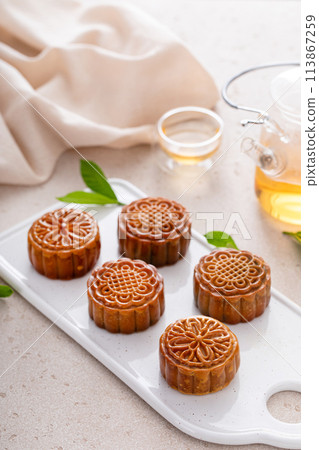 Traditional mooncakes for a Chinese Mid-Autumn Festival or Moon festival Traditional mooncakes for a Chinese Mid-Autumn Festival or Moon festival 113867259