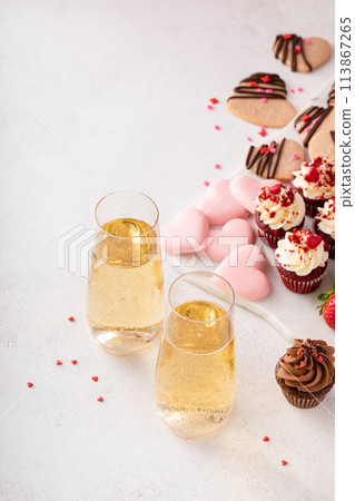 Champagne for Valentines day with dessert charcuterie board for 113867265