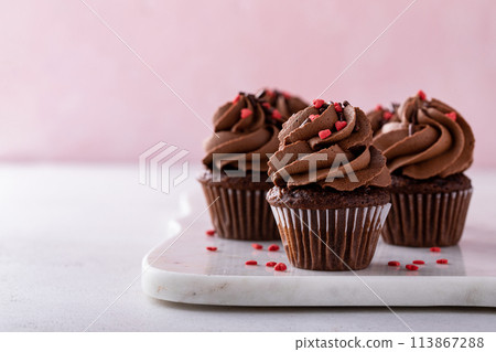 Dark chocolate cupcakes with chocolate ganache frosting 113867288
