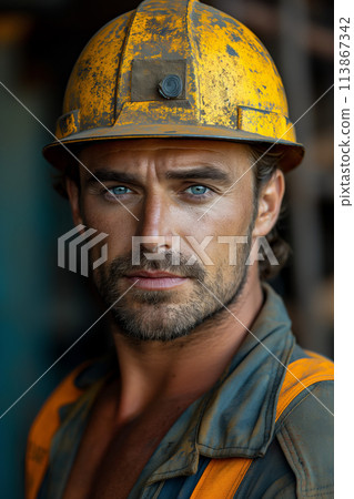 Handsome miner with yellow helmet and blue eyes Handsome miner with yellow helmet and blue eyes 113867342