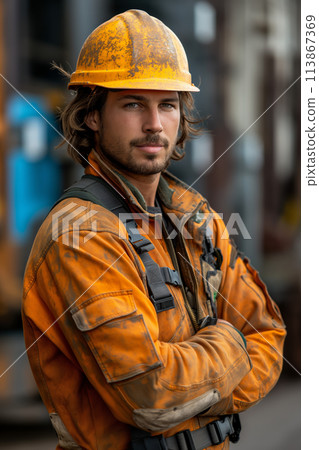 Young worker with crossed arms and hard hat 113867369