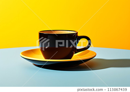black ceramic cup with black coffee on a bright table black ceramic cup with black coffee on a bright table 113867439