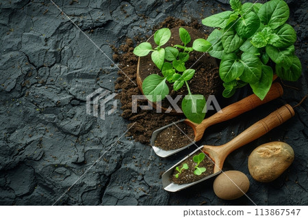 Fresh basil and soil on wooden spoons Fresh basil and soil on wooden spoons 113867547