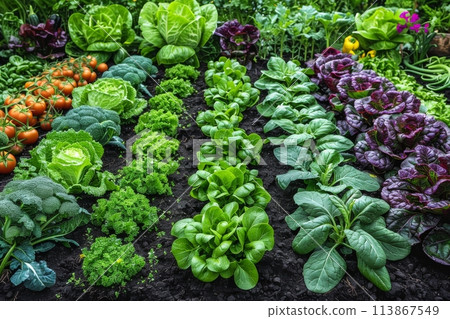 Lush garden with a variety of vegetables Lush garden with a variety of vegetables 113867549