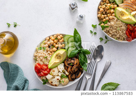 Healthy high protein lunch bowls, vegan and chicken options Healthy high protein lunch bowls, vegan and chicken options 113867583