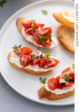 Making tomato basil crostini or bruschetta with toasted baguette Making tomato basil crostini or bruschetta with toasted baguette 113867894