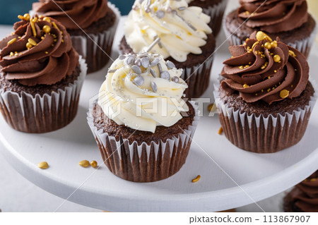 New Years Eve party cupcakes with vanilla and chocolate frosting and festive sprinkles New Years Eve party cupcakes with vanilla and chocolate frosting and festive sprinkles 113867907