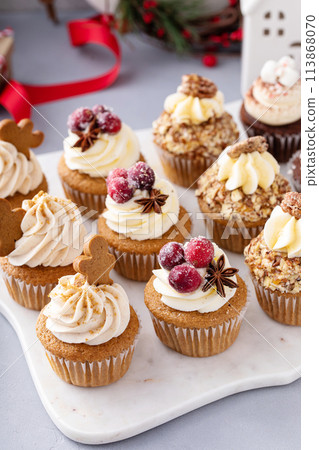 Variety of Christmas cupcakes with gingerbread, sugared cranberry and candied pecans 113868070