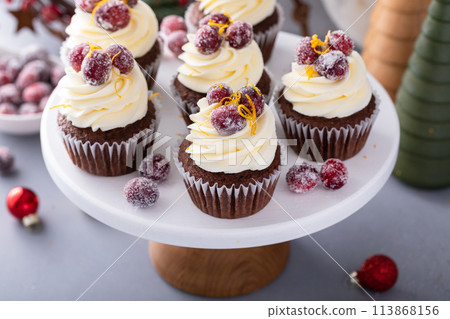 Festive chocolate and orange cupcakes with white chocolate frosting garnished with sugared cranberry 113868156
