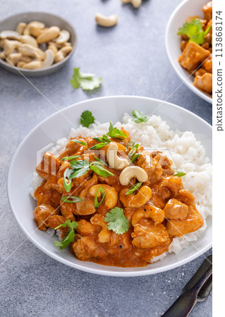 Chicken curry or butter chicken with cashew nuts and cilantro 113868174