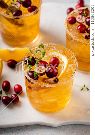 Christmas orange and cranberry margarita cocktail garnished with fresh cranberries and cinnamon 113868203