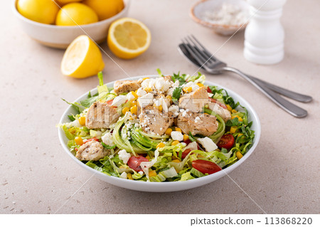 Fresh salad with lettuce, fresh vegetables and grilled chicken 113868220