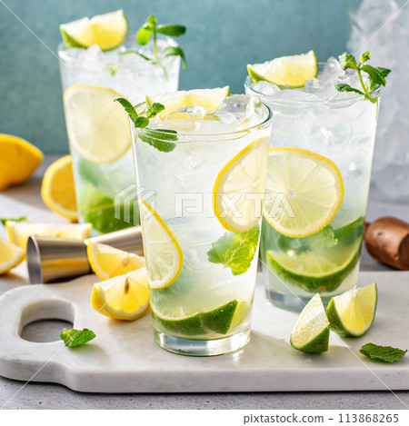 Lemon and lime mojito cocktail in tall glasses with lime and mint Lemon and lime mojito cocktail in tall glasses with lime and mint 113868265