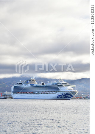 Photographing the Diamond Princess cruise ship calling at Hakodate Port in Hakodate, Hokkaido in spring 113868332