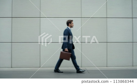 Business person, businessman walking on the background of concrete gray wall blurred in motion. The concept of the modern fast pace of life 113868344