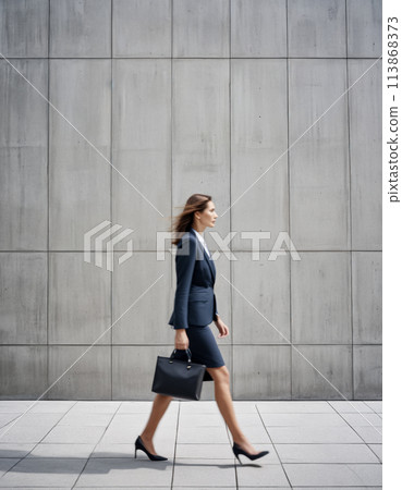 A business person, a businesswoman walks on the background of a concrete gray wall, blurred in motion. The concept of the modern fast pace of life A business person, a businesswoman walks on the background of a concrete gray wall, blurred in motion. The concept of the modern fast pace of life 113868373