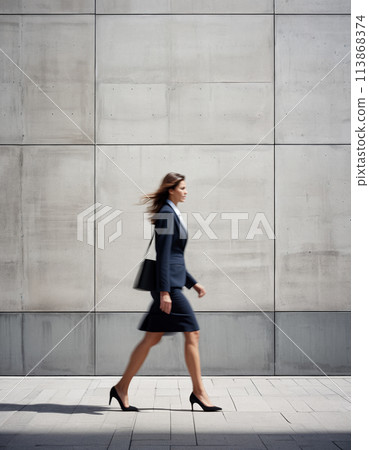 A business person, a businesswoman walks on the background of a concrete gray wall, blurred in motion. The concept of the modern fast pace of life 113868374